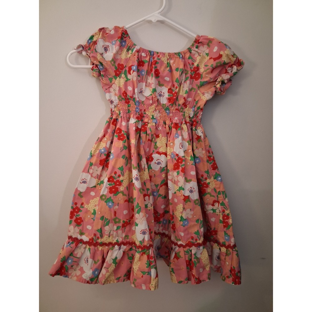 Matilda Jane Girls Pink Floral Smocked Waist Ric-Rac Ruffle Dress Size 6 - Picture 4 of 8
